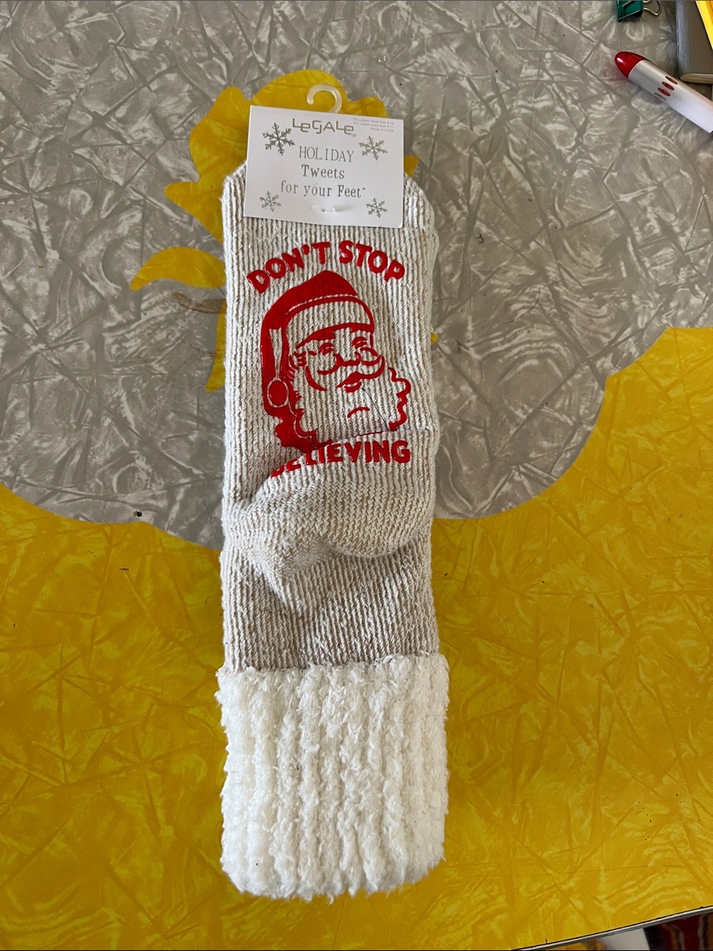 Holiday 'Don't Stop Believing' Beige & Red Cozy Socks. Christmas.